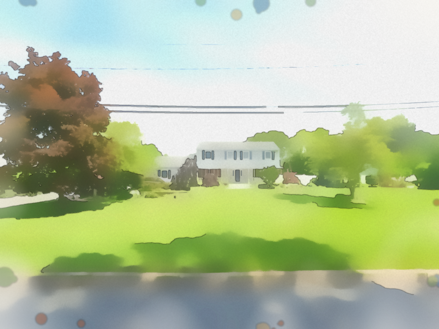Artist's watercolor-style rendering of a custom colonial home in Nesconset, NY on 0.75 park-like acres